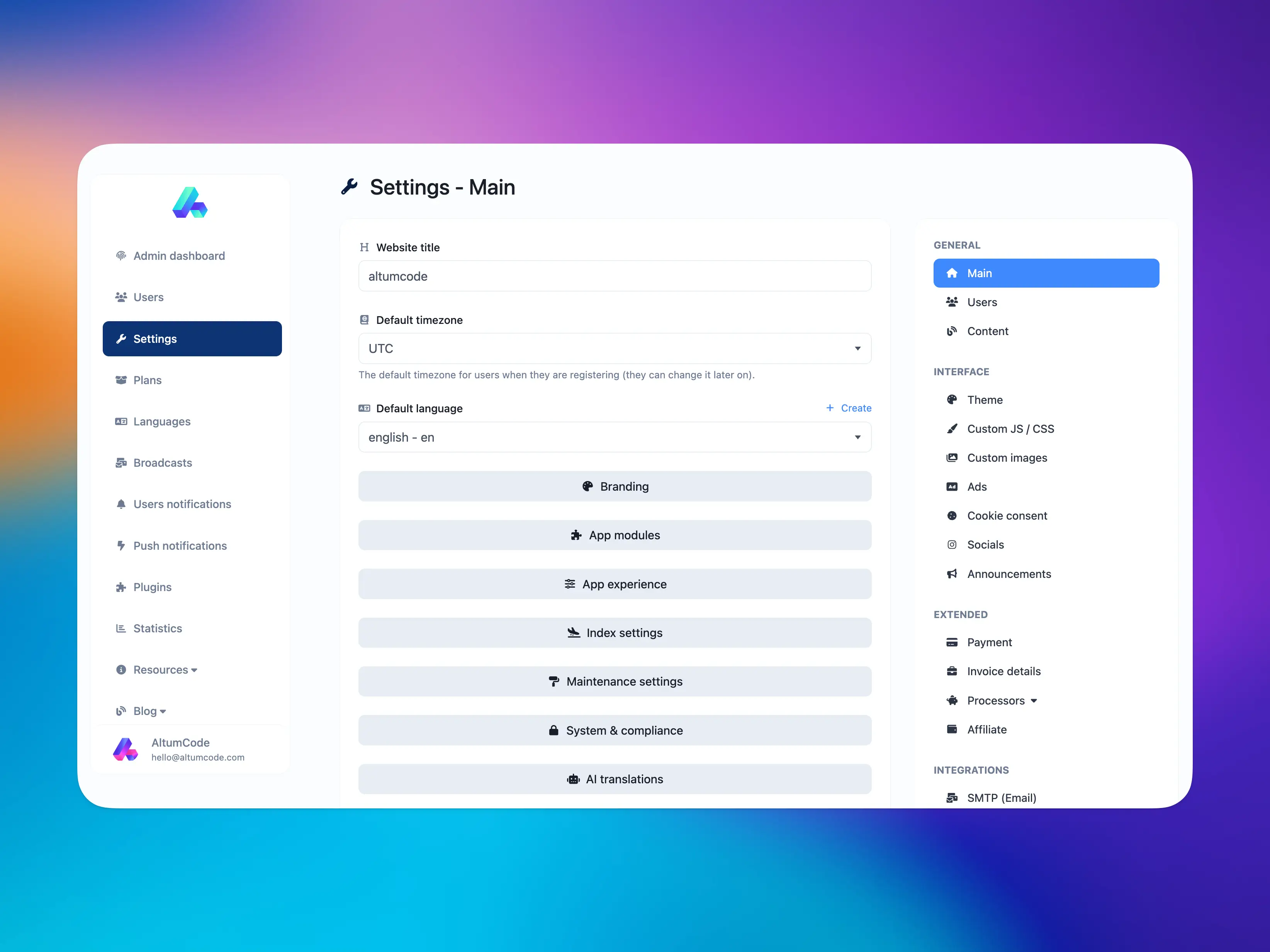 66audit admin panel showing the main settings page