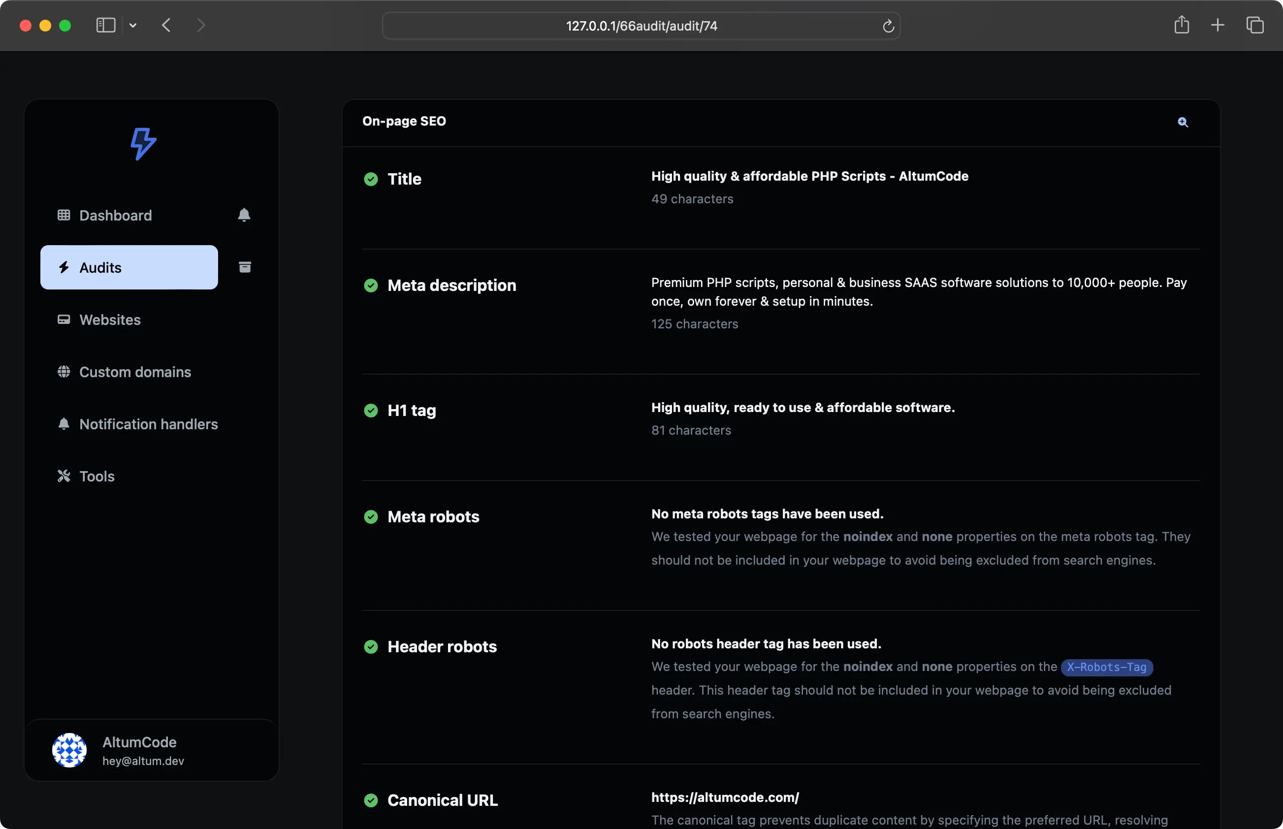 66audit audit page showing the on-page SEO checks results