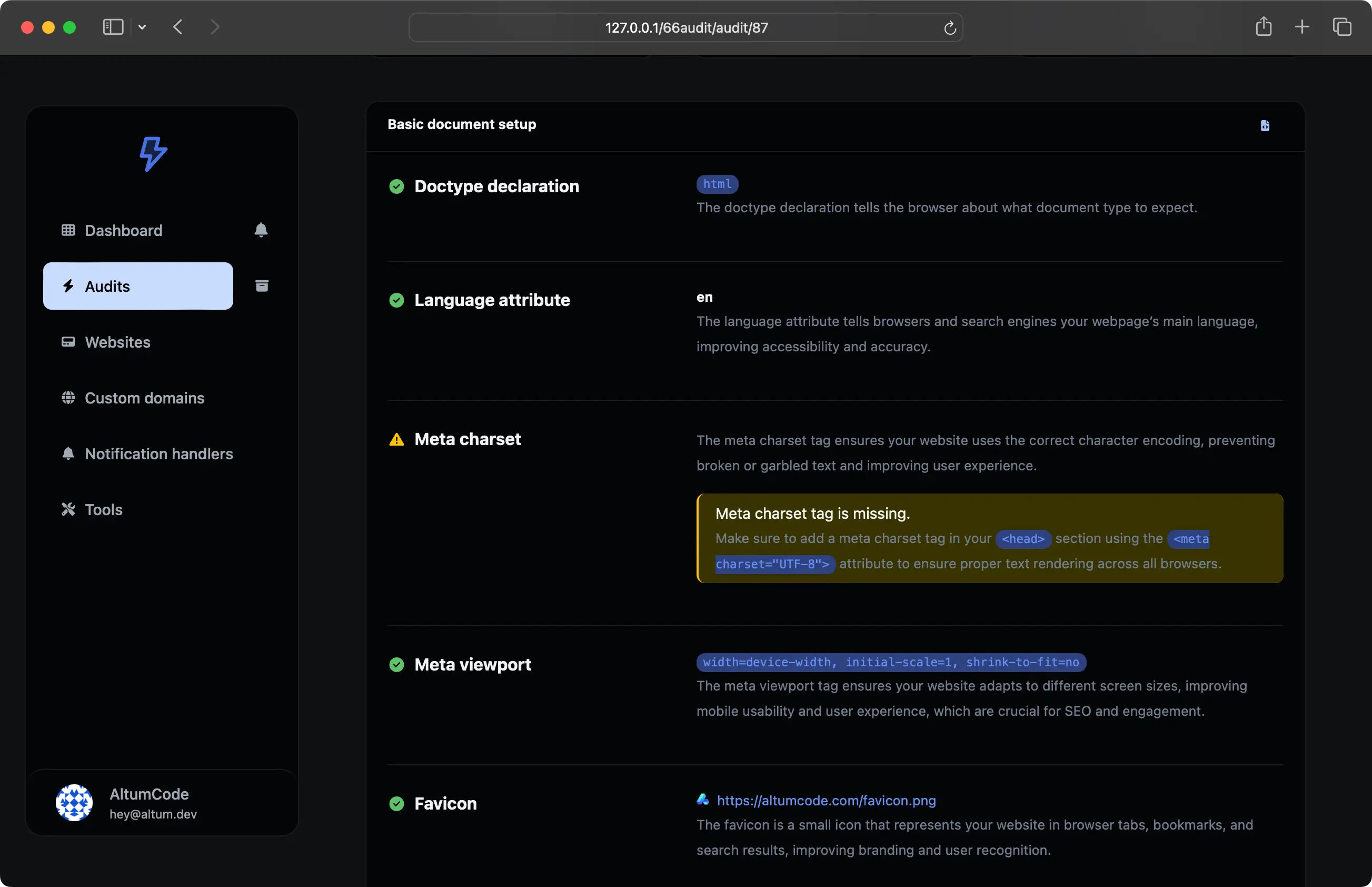 66audit audit page showing the basic document setup checks and a missing meta charset warning