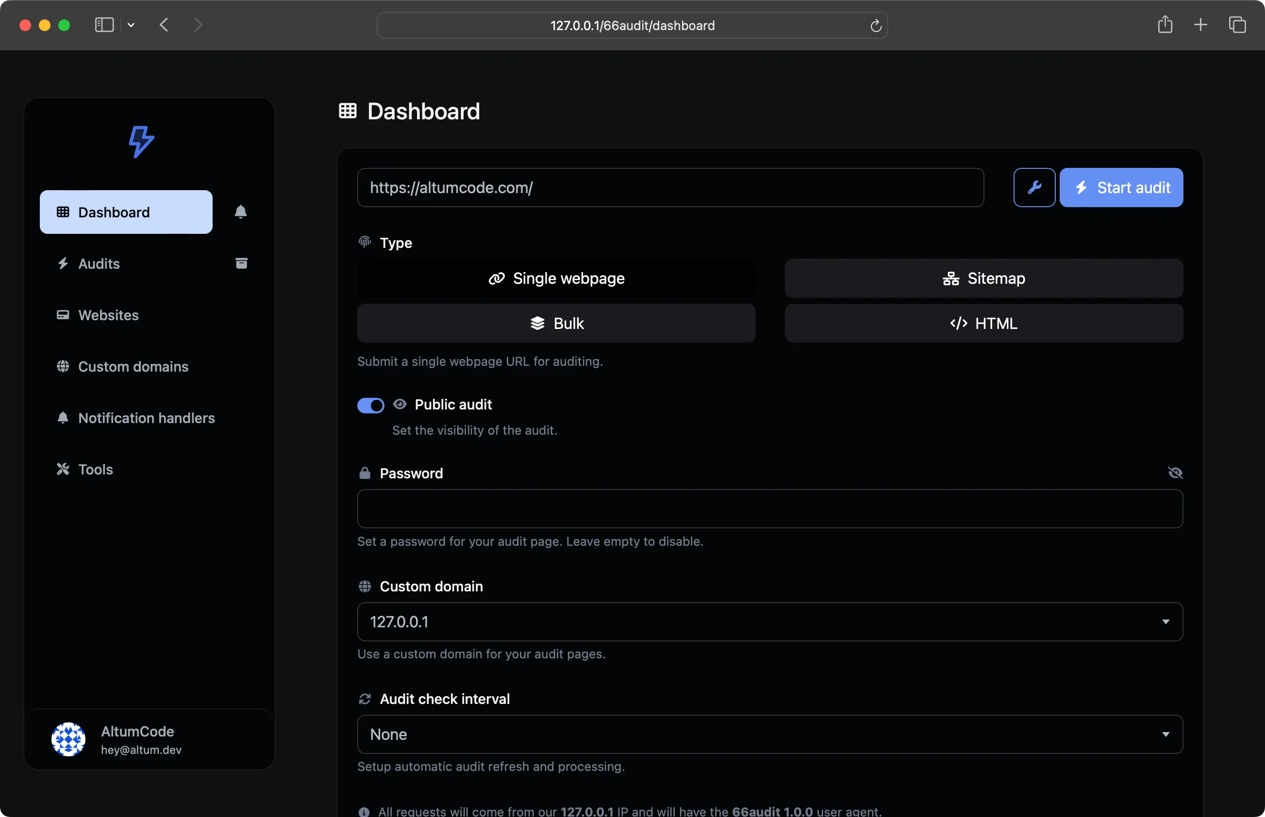 66audit dashboard showing the audit creation form with single webpage, bulk, sitemap, and HTML options