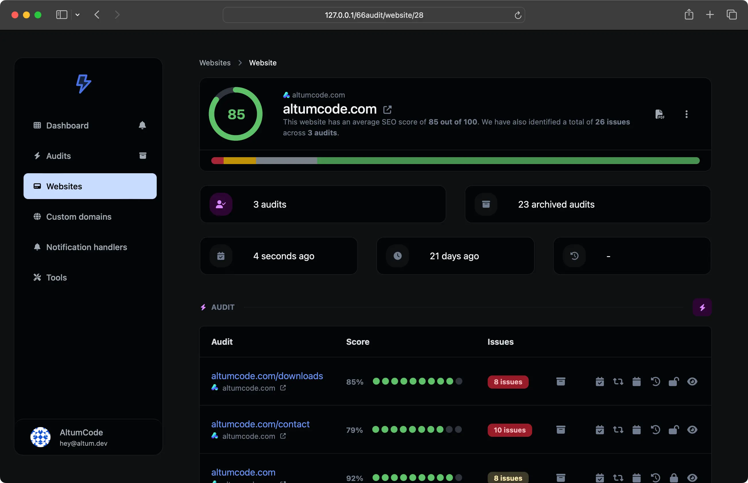 66audit website overview page showing the SEO score and audit history for a tracked website